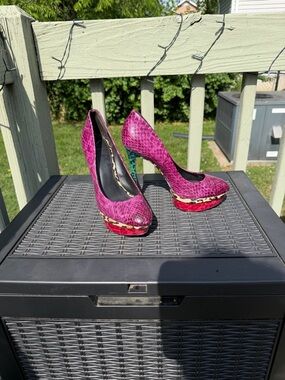 Brian Atwood Fuchsia Snakeskin Platform Pumps with Leopard and Red Accents